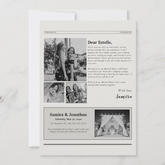 Minimalistisch bruidsmeisje voorstel krant kaart (Achterkant)