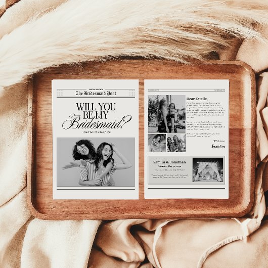 Minimalistisch bruidsmeisje voorstel krant kaart