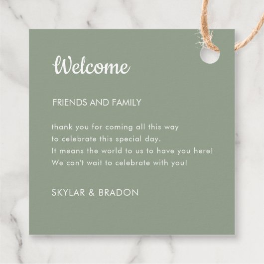 Minimalistisch Bruiloft Sage Groen Welkomstgeschen Bedankjes Labels (Achterkant)