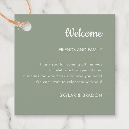 Minimalistisch Bruiloft Sage Groen Welkomstgeschen Bedankjes Labels (Voorkant)