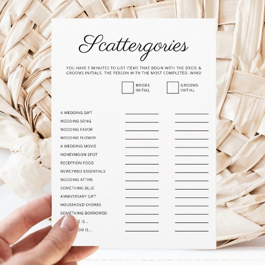 Minimalistisch Bruiloftsspel Script Scattergories  Feestdagenkaart