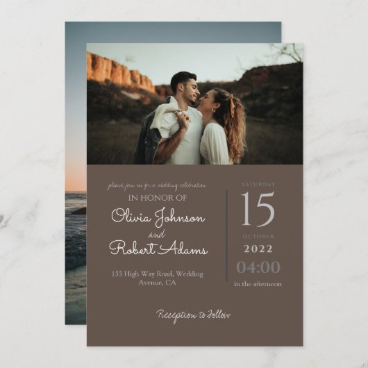 Minimalistisch bruin-2-foto's bruiloft kaart (Voorkant / Achterkant)