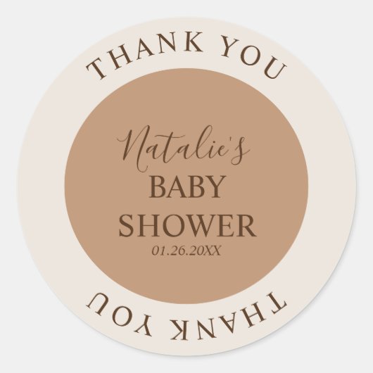 Minimalistisch bruin Baby shower dank u Ronde Sticker (Voorkant)