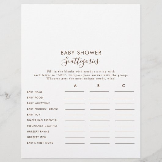 Minimalistisch bruin Baby shower Scatories Game (Voorkant)