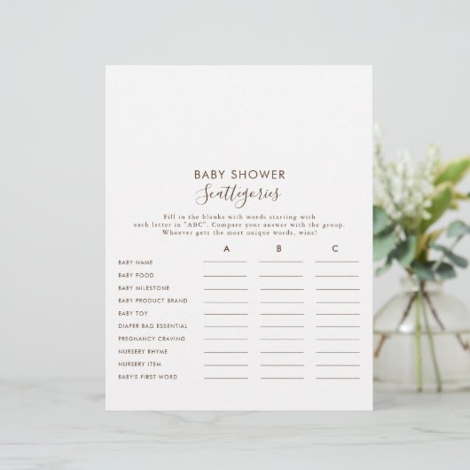 Minimalistisch bruin Baby shower Scatories Game (Staand voorkant)