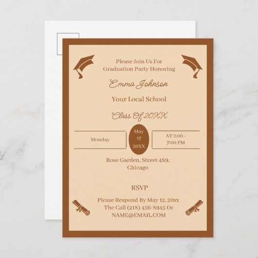 Minimalistisch bruin en beige aangepaste afstudere aankondigingskaart (Voorkant / Achterkant)