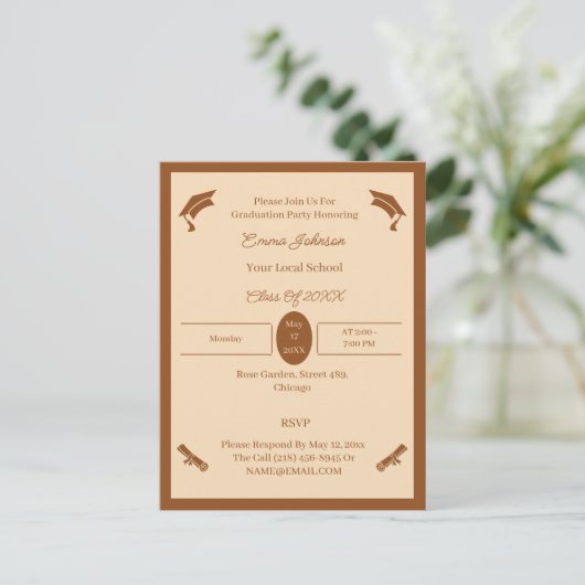 Minimalistisch bruin en beige aangepaste afstudere aankondigingskaart (Staand voorkant)