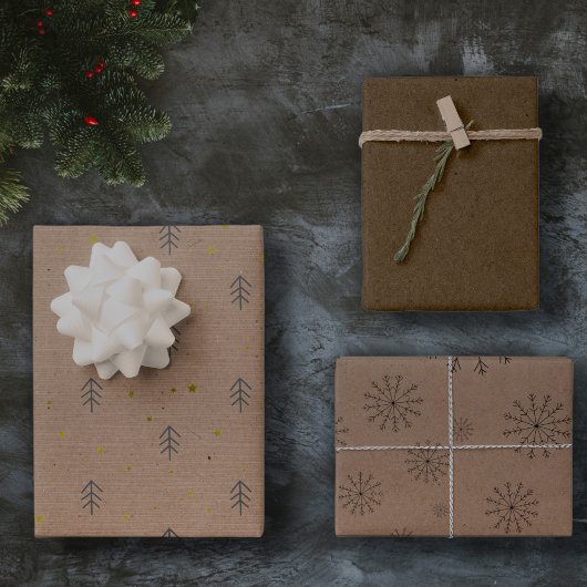 Minimalistisch bruin kraft + zwart kersttrio cadea inpakpapier vel