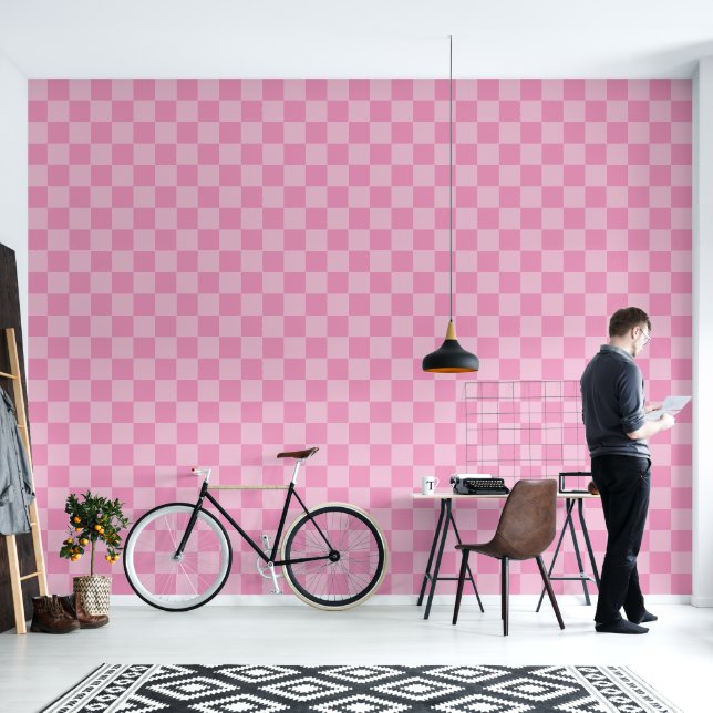 Minimalistisch Bubblegum Roze Geruit Patroon Behang (Woonkamer)