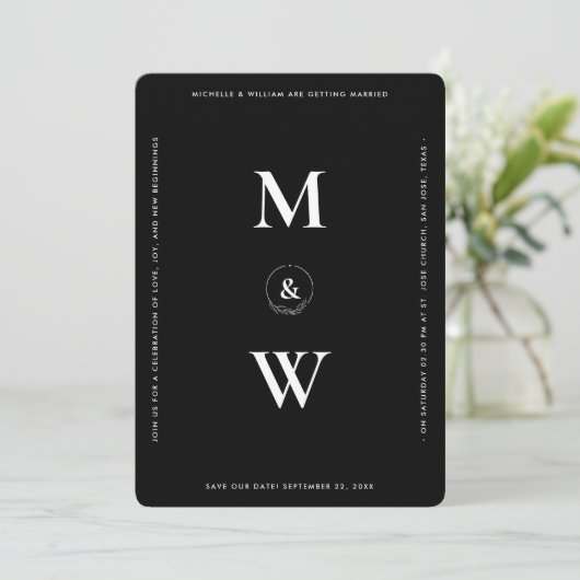 Minimalistisch budget bruiloft monogram zwart mode save the date (Staand voorkant)