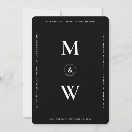 Minimalistisch budget bruiloft monogram zwart mode save the date (Voorkant)