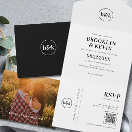 Minimalistisch budget zwart wit QR code | FOTO All In One Uitnodiging
