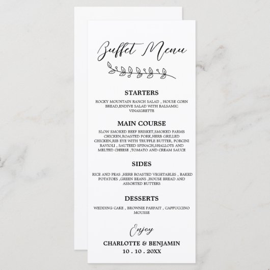 Minimalistisch buffet voor zwart-witbruiloft menu (Voorkant / Achterkant)
