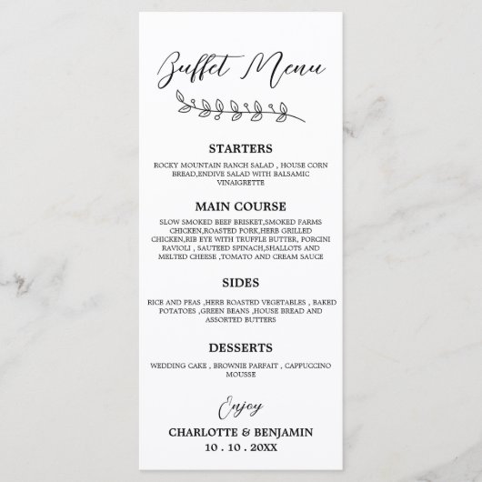 Minimalistisch buffet voor zwart-witbruiloft menu (Voorkant)