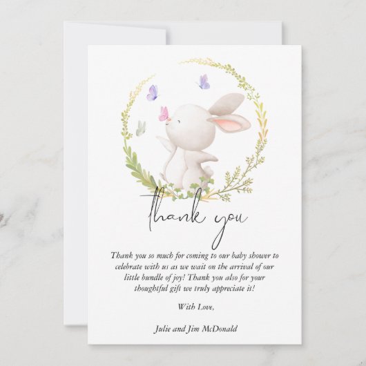 Minimalistisch Bunny en Vlinders Baby shower Bedankkaart (Voorkant)