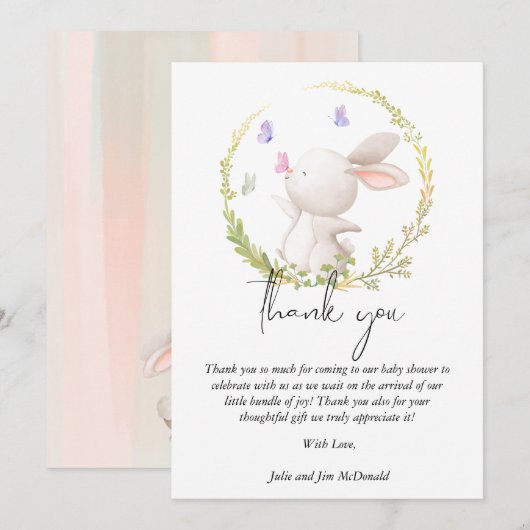 Minimalistisch Bunny en Vlinders Baby shower Bedankkaart (Voorkant / Achterkant)