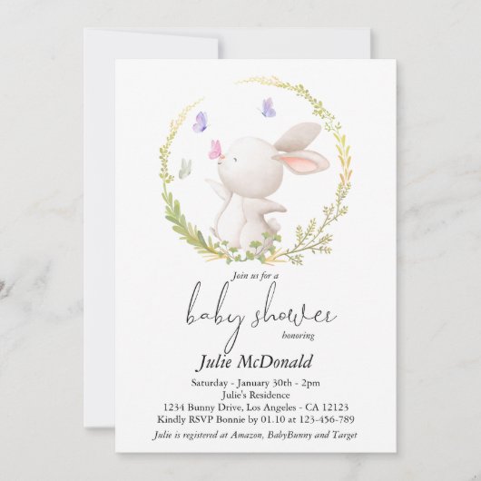 Minimalistisch Bunny en Vlinders Baby shower Kaart (Voorkant)