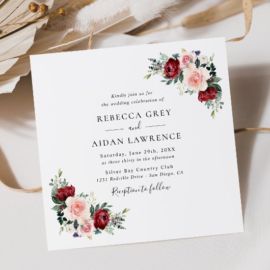 Minimalistisch Burgundy Blush Floral Wedding Squar Kaart