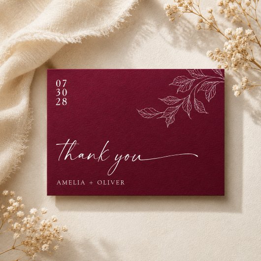 Minimalistisch Burgundy Botanisch Trouwscript Bedankkaart