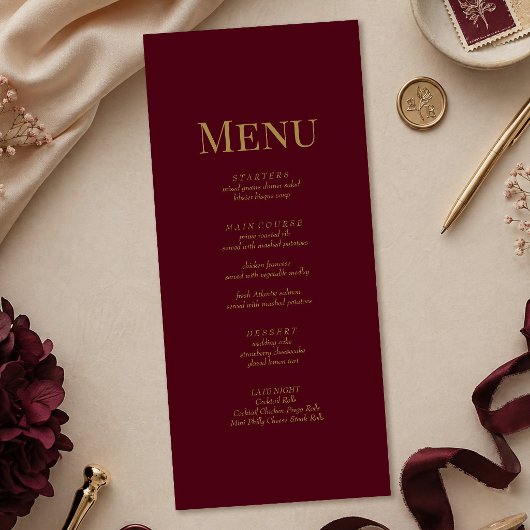 Minimalistisch Burgundy Gouden Monogram Trouwmenu Menu