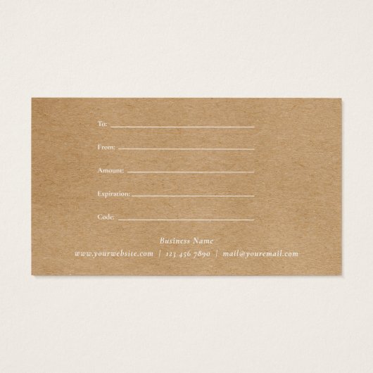 Minimalistisch Business Rustic Kraft Cadeaubon Visitekaartje (Achterkant)