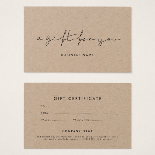 Minimalistisch certificaat met handgeschreven kraf visitekaartje (Voorkant /achterkant)