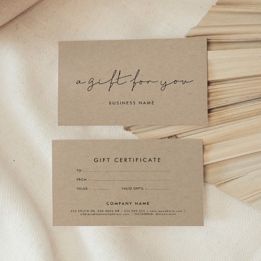 Minimalistisch certificaat met handgeschreven kraf visitekaartje