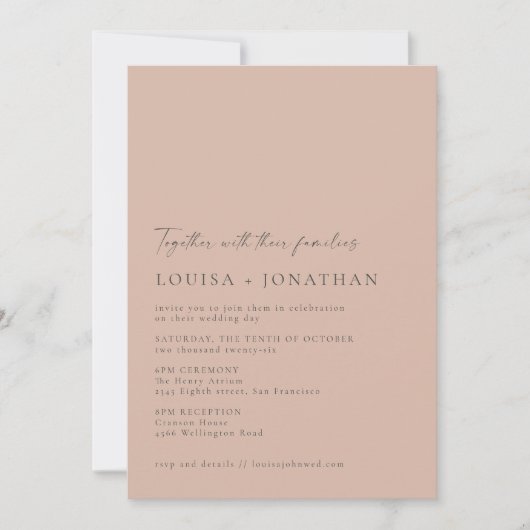 Minimalistisch Chic Classic Dusty Roos Script Wedd Kaart (Voorkant)