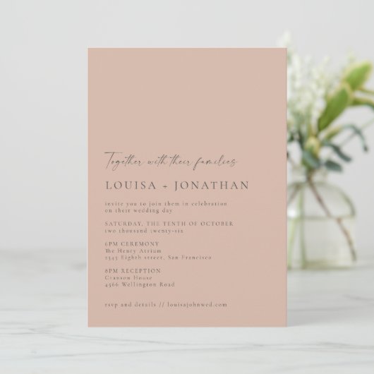 Minimalistisch Chic Classic Dusty Roos Script Wedd Kaart (Staand voorkant)