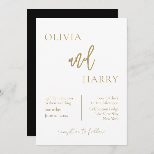 Minimalistisch chic Wedding Invitation Gold Black Kaart (Voorkant / Achterkant)