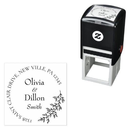 Minimalistisch chic zwart blad krans script bruilo  zelfinktende stempel (In situ)