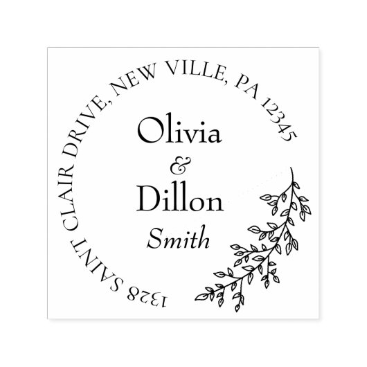 Minimalistisch chic zwart blad krans script bruilo  zelfinktende stempel (Design)