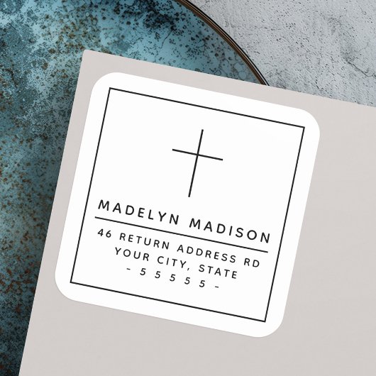 Minimalistisch Christelijk kruis wit retouradres Vierkante Sticker