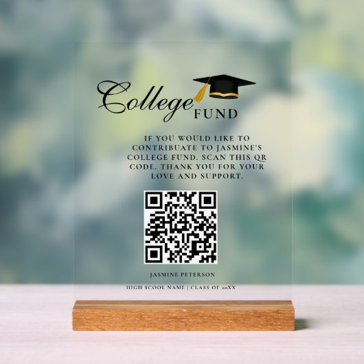 Minimalistisch College Fund QR Code Sign Afstudere Acryl Bord (Neutraal)
