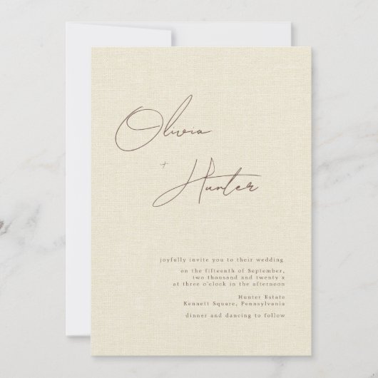 Minimalistisch Cream Faux Linen Wedding Kaart (Voorkant)