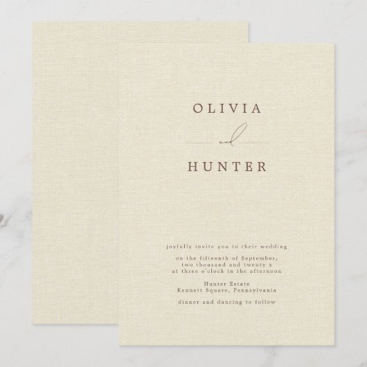 Minimalistisch Cream Faux Linen Wedding Kaart (Voorkant / Achterkant)