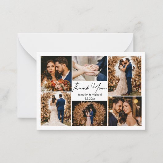 minimalistisch dank voor 6 foto ' s collage bruilo notitiekaartje (Voorkant)