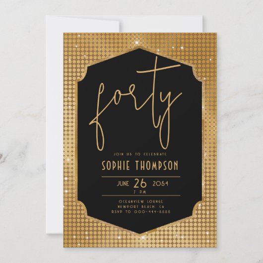 Minimalistisch Deco Zwart Goud Sequins 40e Verjaar Kaart (Voorkant)