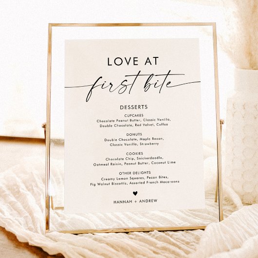 Minimalistisch dessertmenubord, liefde bij de eers poster