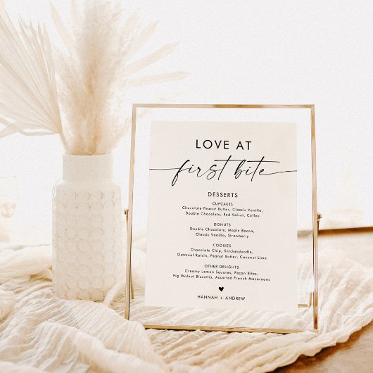 Minimalistisch dessertmenubord, liefde bij de eers poster