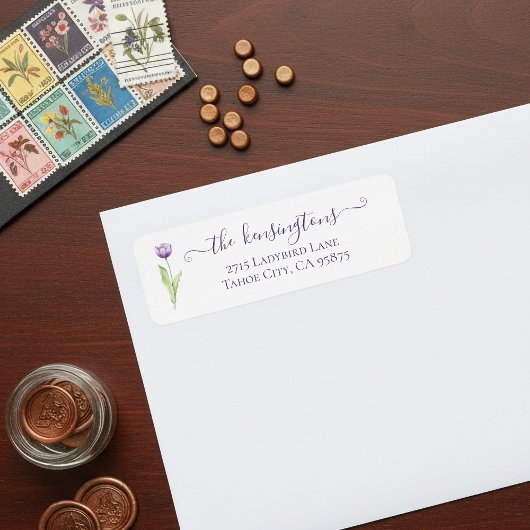 Minimalistisch diep Paars eenzijdig tulpweddenscha Etiket