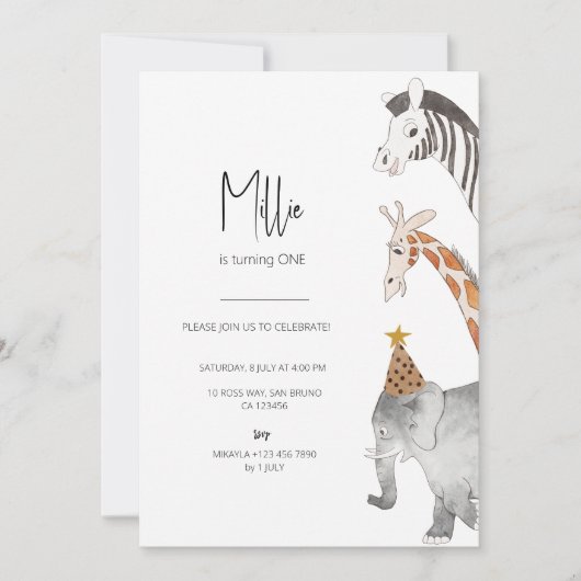 Minimalistisch Dier Thema Verjaardag Uitnodiging (Voorkant)