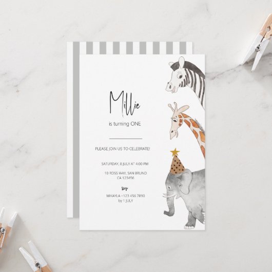 Minimalistisch Dier Thema Verjaardag Uitnodiging (Voorkant / Achterkant in situ)