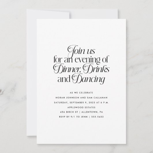 Minimalistisch diner, drankjes en dansen  kaart (Voorkant)