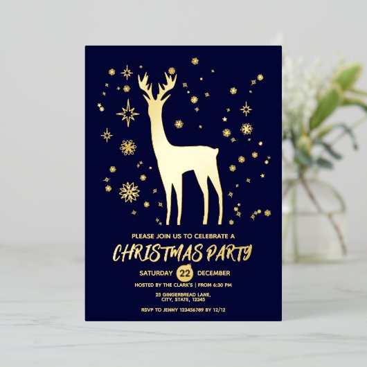 Minimalistisch donkerblauw en goud Elegant Herten  Folie Uitnodiging (Staand Voorkant)