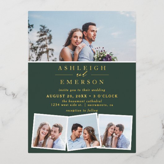 Minimalistisch donkergroen fotocollage bruiloft folie uitnodiging briefkaart (Voorkant)