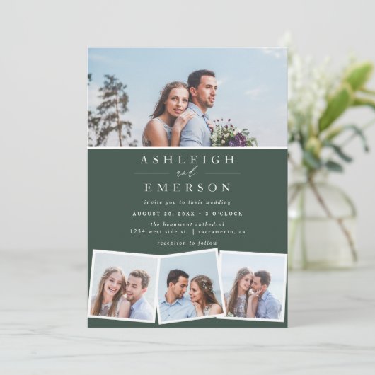 Minimalistisch donkergroen fotocollage bruiloft kaart (Staand voorkant)
