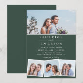 Minimalistisch donkergroen fotocollage bruiloft kaart (Voorkant / Achterkant)