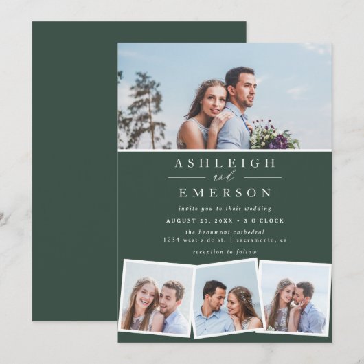 Minimalistisch donkergroen fotocollage bruiloft kaart (Voorkant / Achterkant)