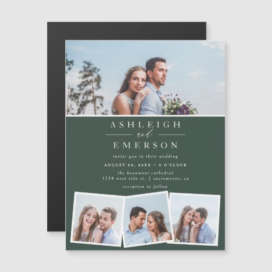 Minimalistisch donkergroen fotocollage bruiloft magnetische uitnodiging (Voorkant / Achterkant)